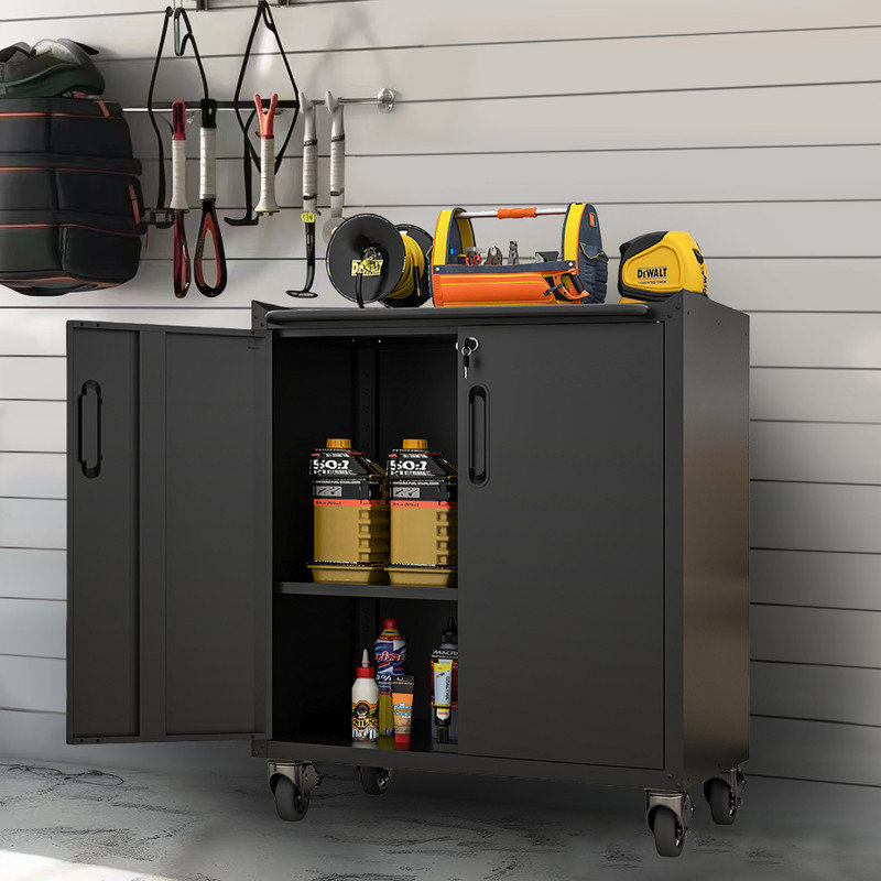 Metal 29.53"W x 16.54"D x 34.65"H Garage Mobile Storage Cabinet with Adjustable Shelves