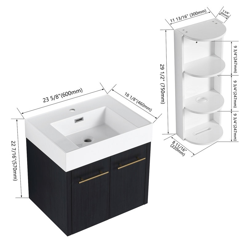 Meuble-lavabo mural de pouce avec lavabo et support de rangement, lavabo en résine à bords épais, ensemble KD, 24"