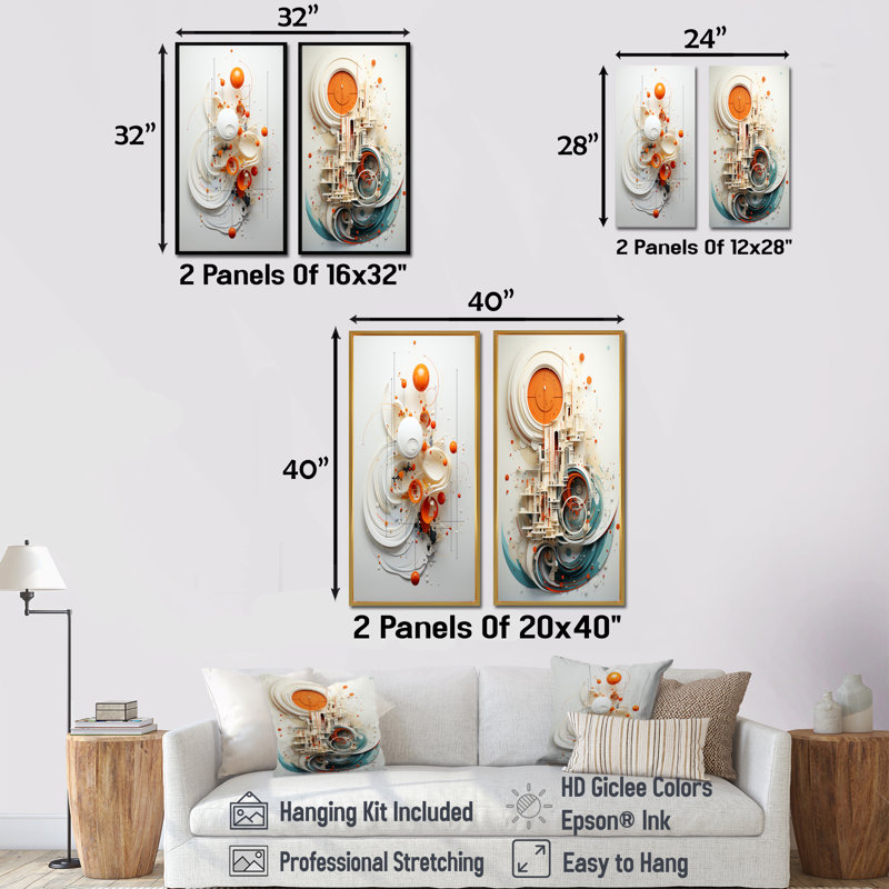 Orange And White Spiraling Symmetry I - Abstract Geometric Canvas Art Print Set Of 2, 32" H x 33" W, Brown Floater Framed