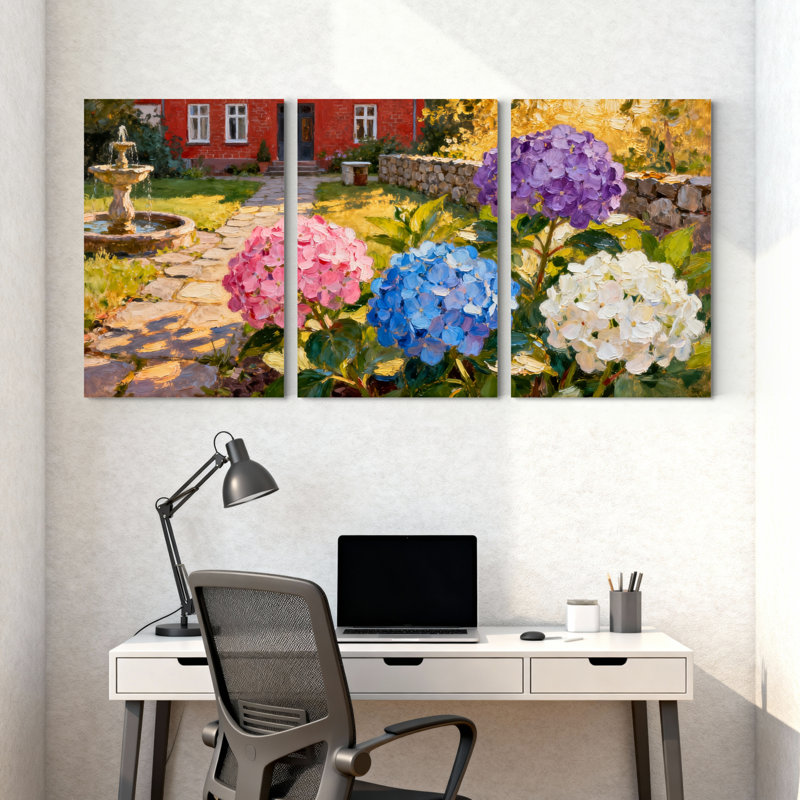 Ensemble de 3 tableaux sur toile « Jardin d'hortensias », H 36 po x l 72 po