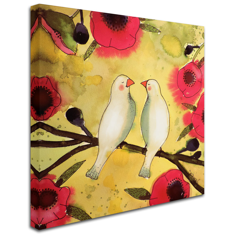 Sylvie Demers Pink Floral Canvas with White Birds, 14" x 14"