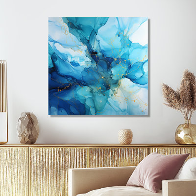 Turquoise marée de bonheur - art mural abstrait encre liquide
