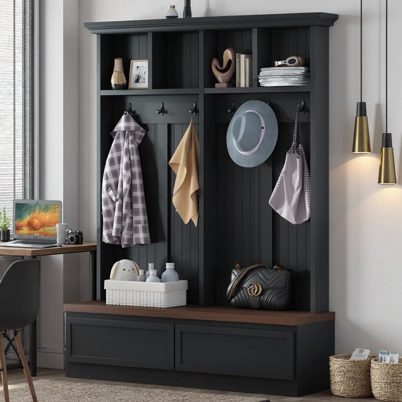 Farmhouse 4-in-1 Hall Tree with Wood Grain Bench & 2 Large Drawers | Mudroom Coat Rack with 6 Hooks & Open Storage | Entryway Organizer for Hallway, Living Room, or Mudroom