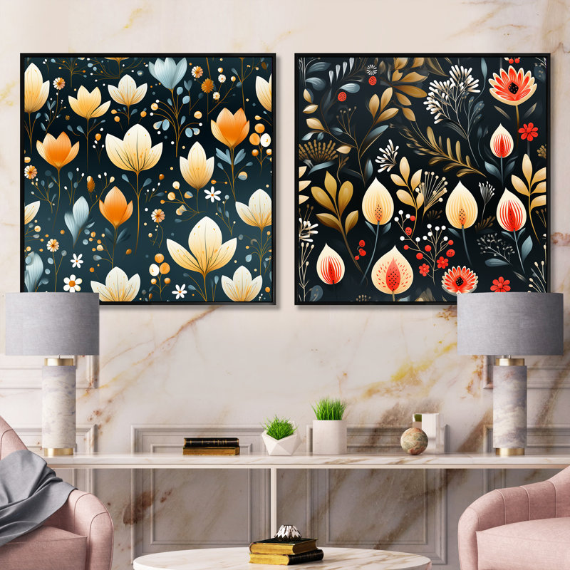 Scandinavian Botanical Collage III - Ensemble de 2 collages botaniques abstraits, Cadre flottant noir, H 16 po x l 33 po