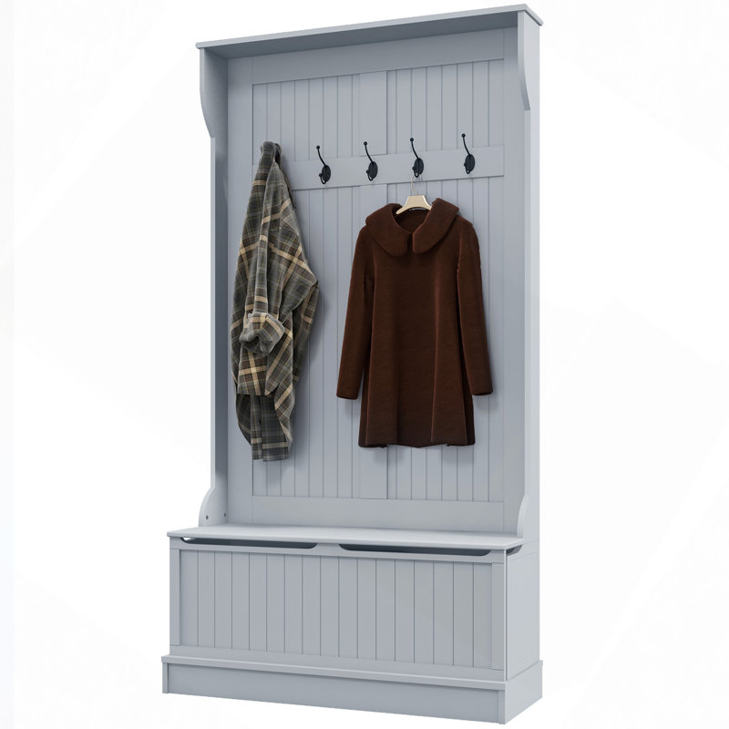 38" 3-In-1 Entryway Hall Tree With Storage Bench, Coat Rack With Four Hooks And Shoe Storage, Gray