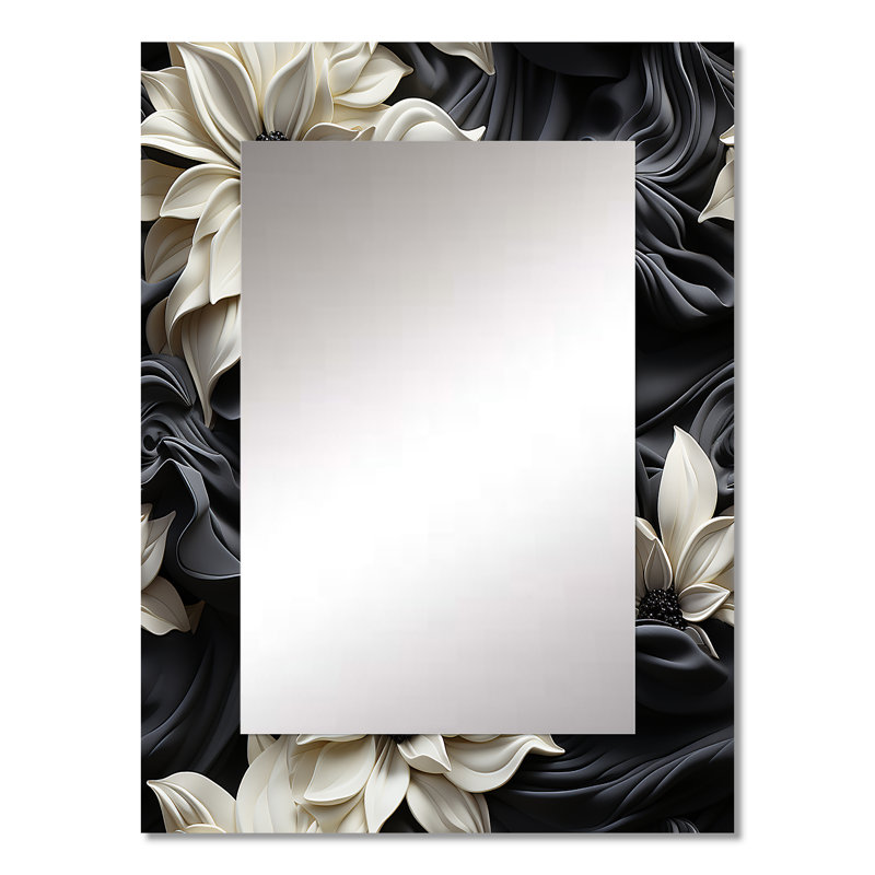 White And Grey Symphony Of Petal Gardens - Floral Mirror, Floral Decorative Wall Mirror, Printed Metal Art, 32" x 24"