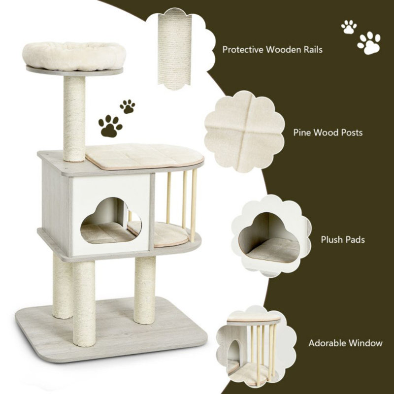 46'' Gray Wooden Cat Tree with Sisal Posts and Cushions