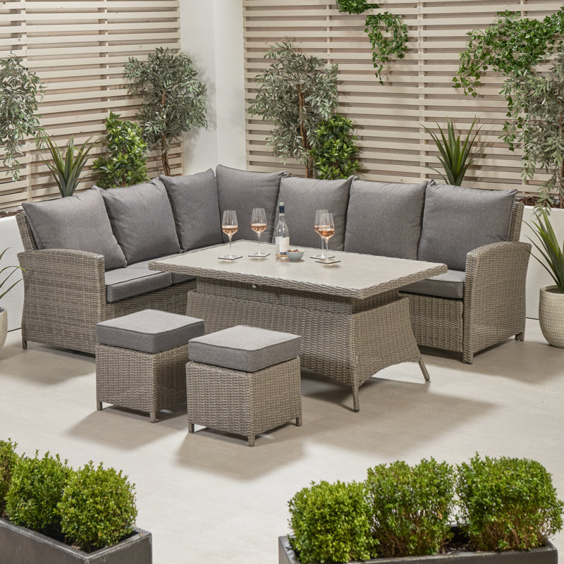 Outdoor Barbados Half Weave L-shape Corner Seating Set with Ceramic Table Top and Cushions, Right