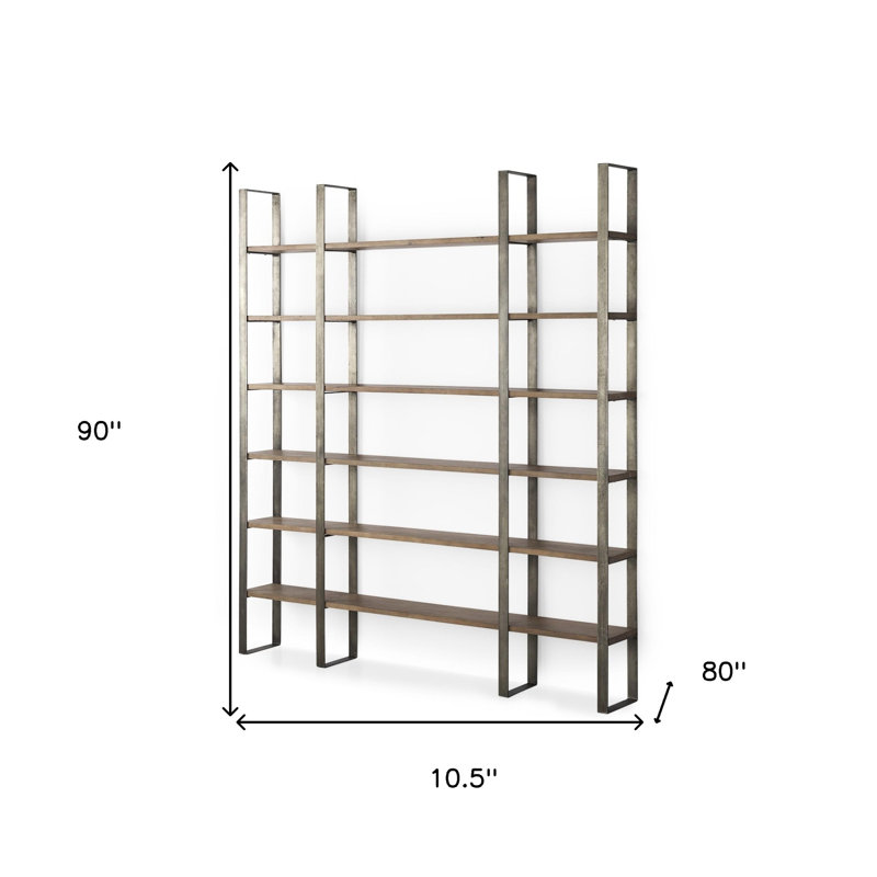 Tauton II 90" Bookcase, Antique Nickel/Medium Brown