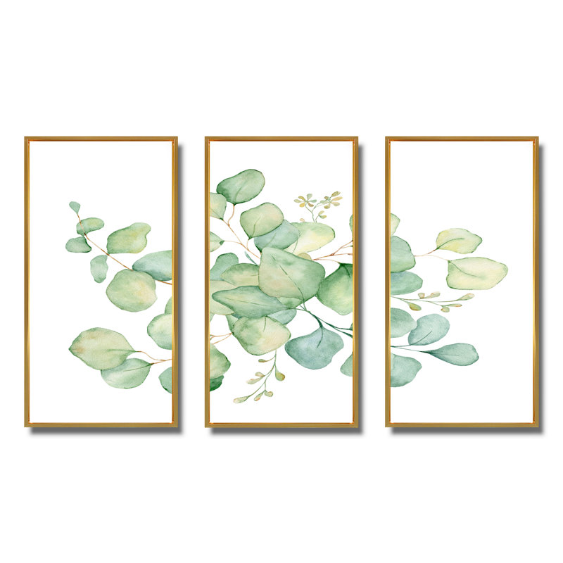 Bouquet d'eucalyptus vert sur blanc - ensemble d'art mural sur toile traditionnel encadré de 3, H 20 po x l 36 po, Doré
