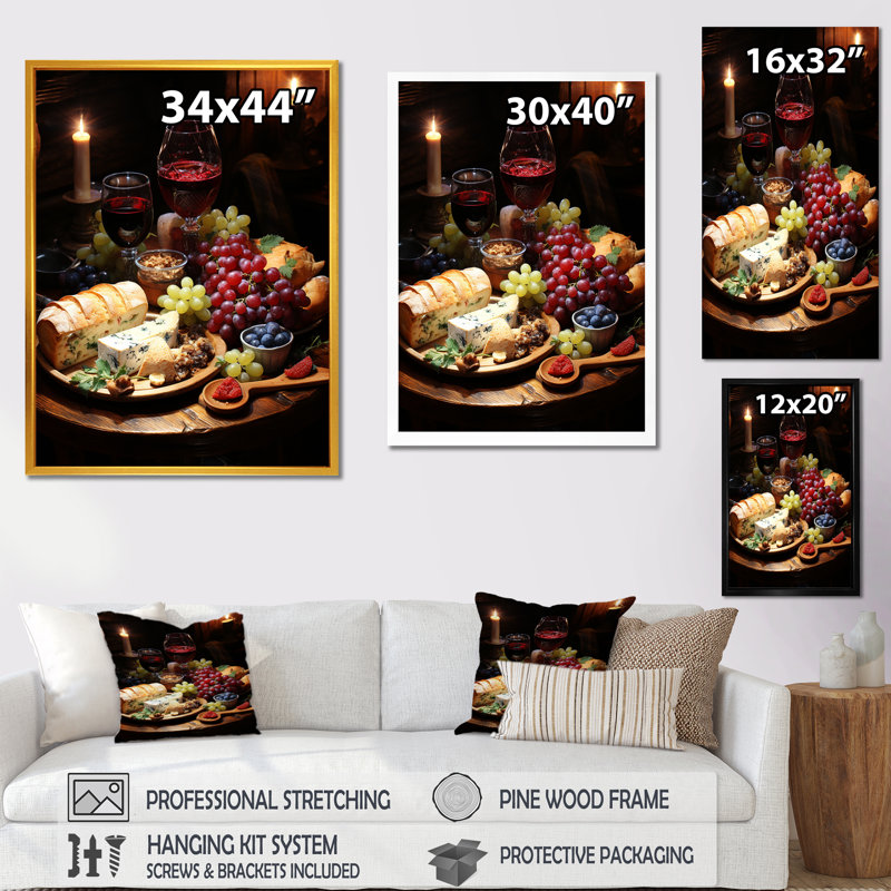 Élégante planche de charcuterie avec vin - art mural vin, Cadre flottant blanc, H 32 po x l 16 po x P 1 po