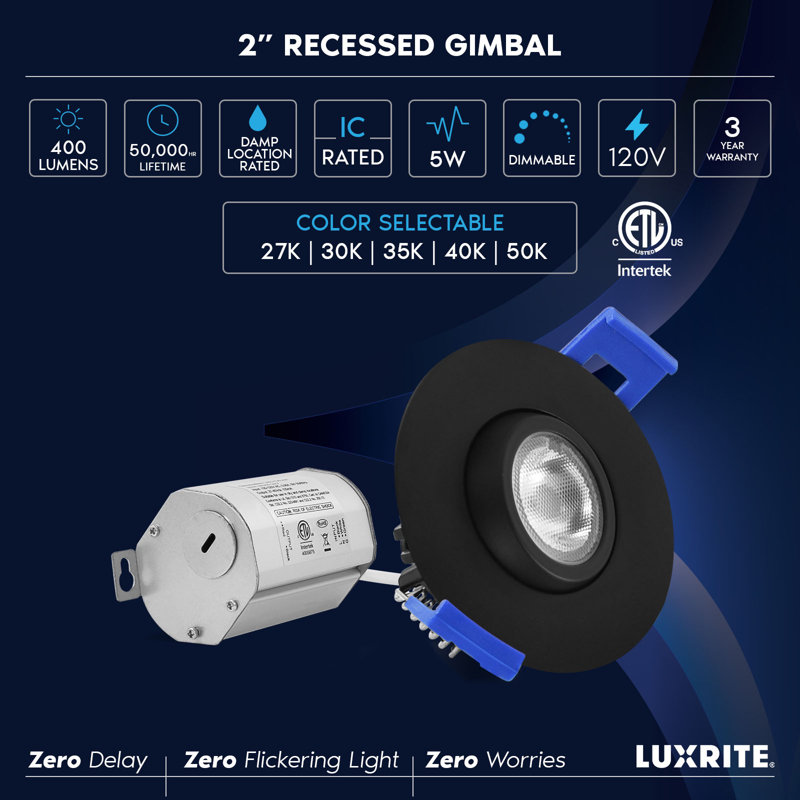 Boîte de jonction pour éclairage encastré à DEL 2 pouces LUXRITE CRI90 5W 5CCT à intensité variable 400 lumens plafonnier directionnel classé IC