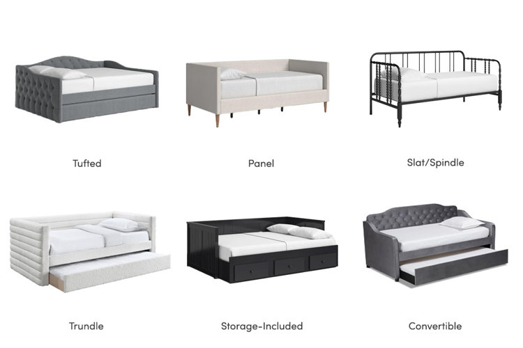 collage of types of daybeds. tufted, panel, slat/spindle, trundle, stroage-included, convertible