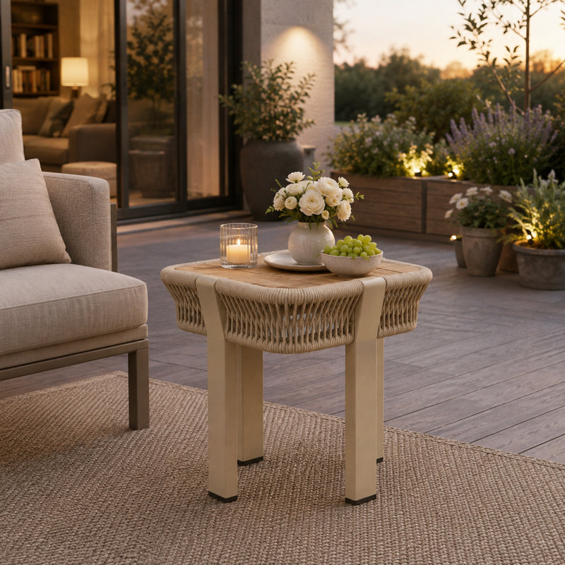 Table d'appoint carrée d'extérieur de 46 cm (18,11 po), plateau en bois d'acacia avec corde beige et structure en métal, table d'appoint rustique moderne pour patio, utilisable à l'intérieur et à l'extérieur