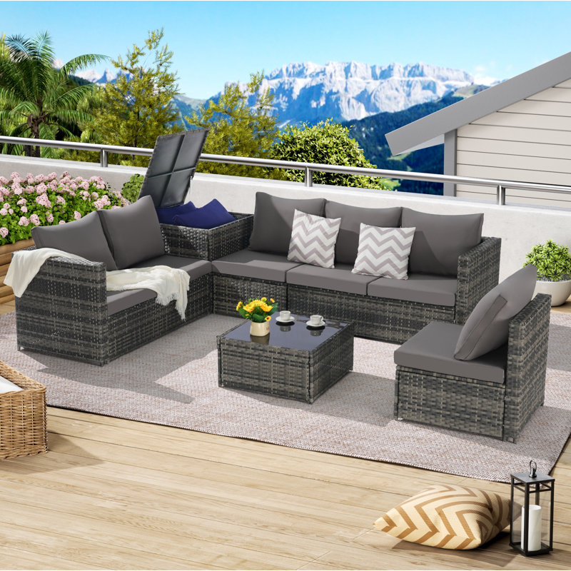 Ensemble de meubles de patio 6 pièces, ensemble modulaire en L tissé pour l'extérieur, ensemble de conversation en osier avec table d'angle et table en verre pour la piscine
