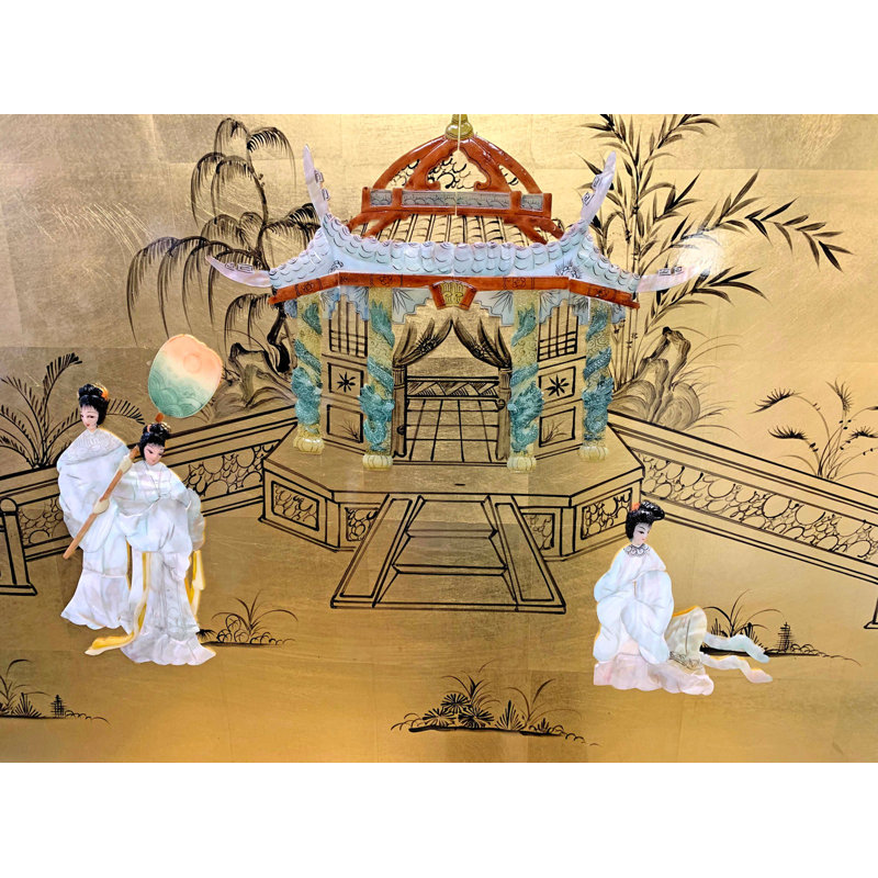Gold Leaf Oriental Headboard with Mother Of Pearl Pagoda Scene, Full / Double