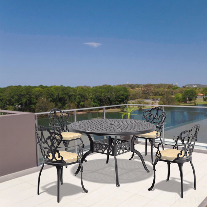 5-Piece Set Of Cast Aluminum Patio Furniture, With Black Frame And Off-White Seat Cushions, 4