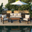 Ensemble de conversation pour 5 personnes avec structure en bois massif et acier, ensemble de mobilier de patio avec canapé 3 places, 2 chaises et table basse, coussins beiges-738006455
