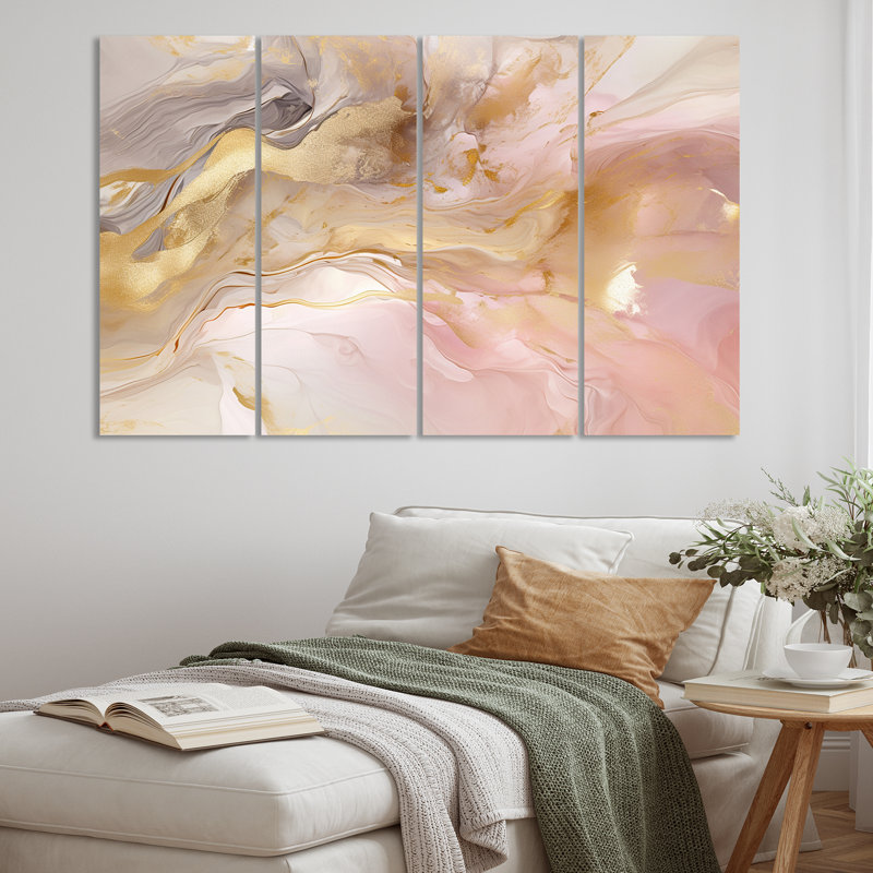 Exquis symphonie abstraite rose et or pastel I - impression sur toile tendue 4 pièces