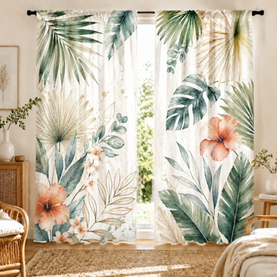 2Pcs Tropical Leaves Curtains with Hibiscus Flowers and Palm Fronds Botanical Print, Watercolor Style, Bohemian Theme, Decorative Window Drapes, Ideal for Living Room, Bedroom, Home Decor, Divider, Rod Pocket Hanging, Light Filtering Fabric
