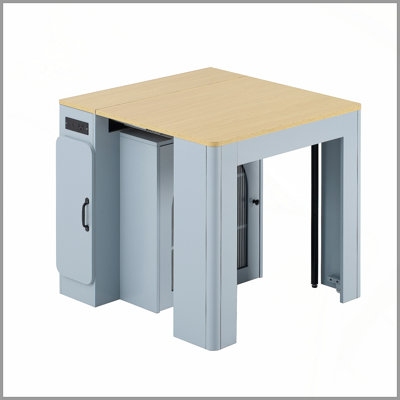 Table de salle à manger extensible avec 3 rallonges amovibles, table d'îlot mobile avec prise de courant, armoire avec rangement pour la salle à manger et le salon (GRIS BLEU ET NATUREL)