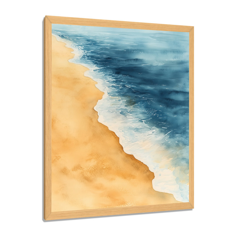 Beige, bleu, doré, rivage - Tableau encadré, H 44 po x l 34 po, Natural Picture Framed
