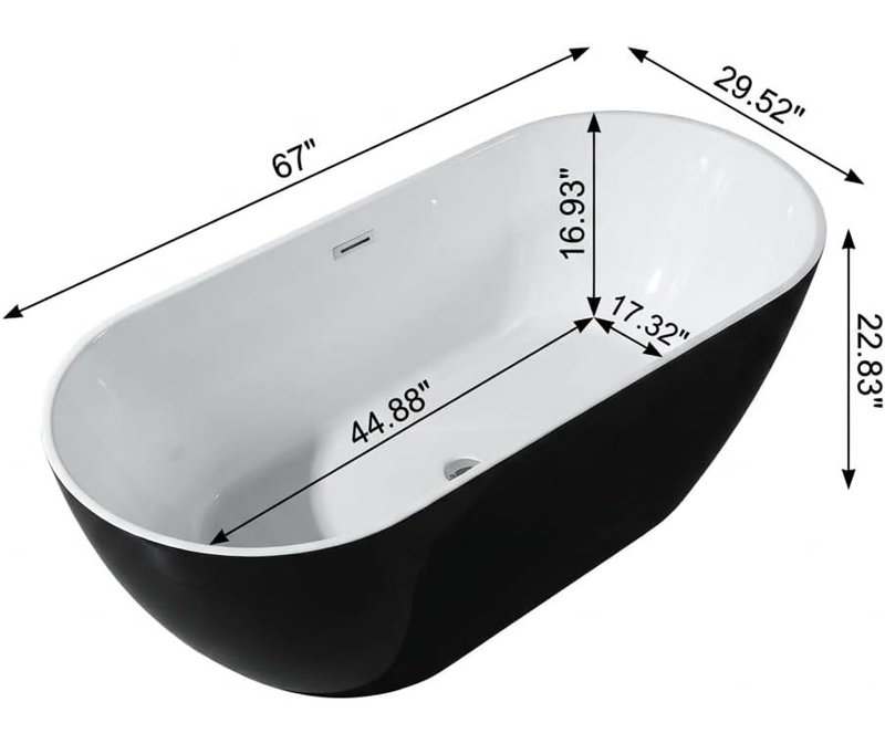 59"/67" Acrylic Freestanding Bathtub, Deep Soaking Tub with Matte Drain & Double-Wall Insulation
