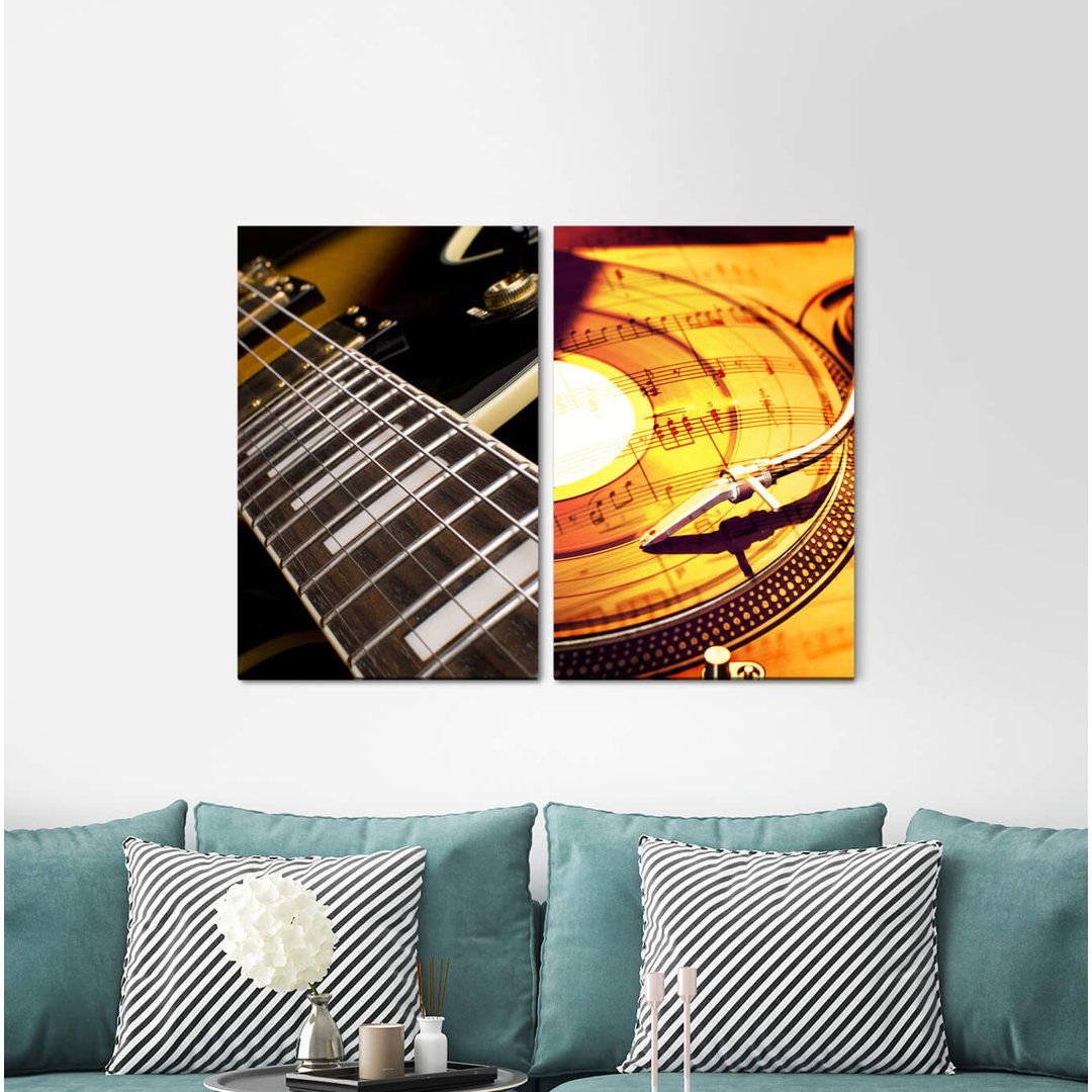 2-tlg. Leinwandbilder-Set - Fotografie „Electric Guitar Music Turntable Sheet Music Gold Record Vinyl Audiophiles”