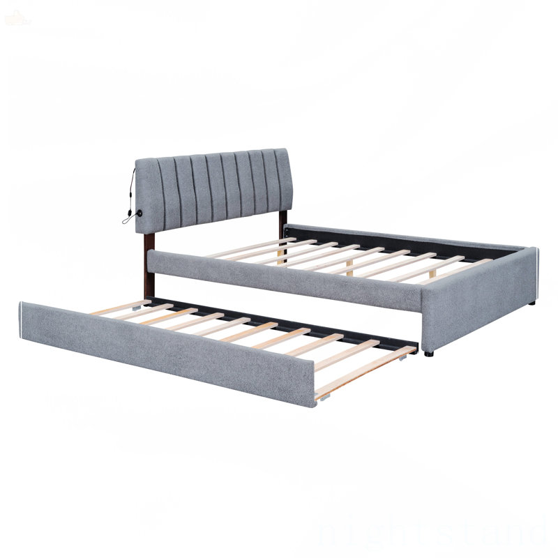Lit plateforme tapissier grand avec lit gigogne simple Teddy, Gris, Grand