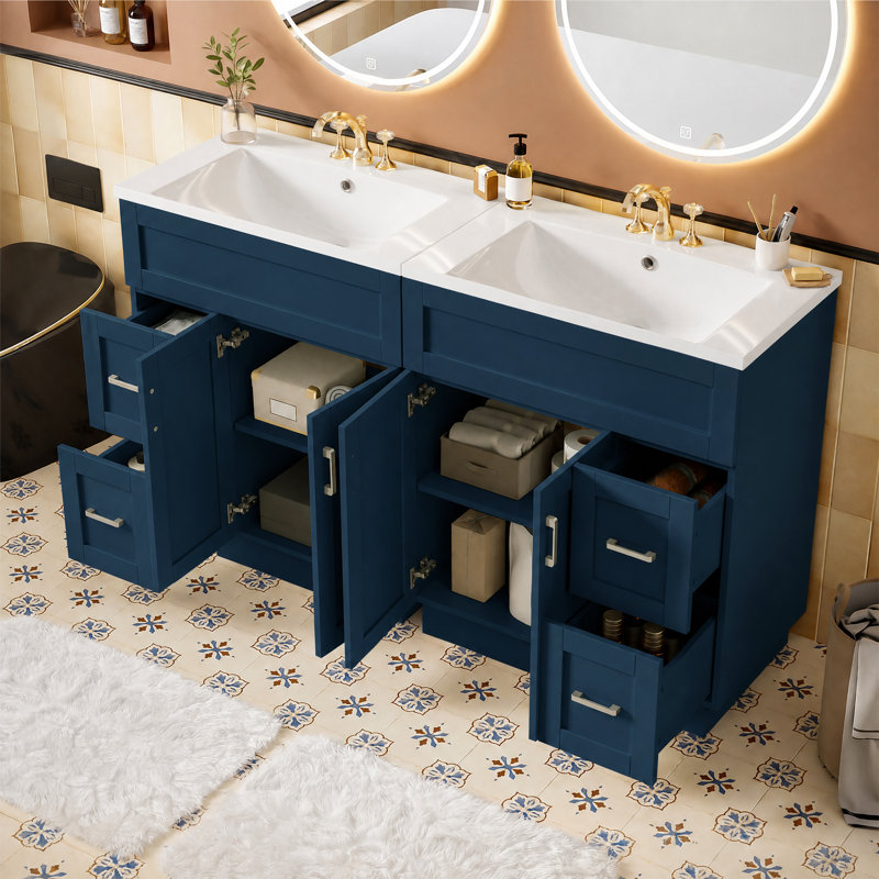 Ensemble de meuble-lavabo transitionnel 60 po avec double lavabo en résine Harborbay, Bleu