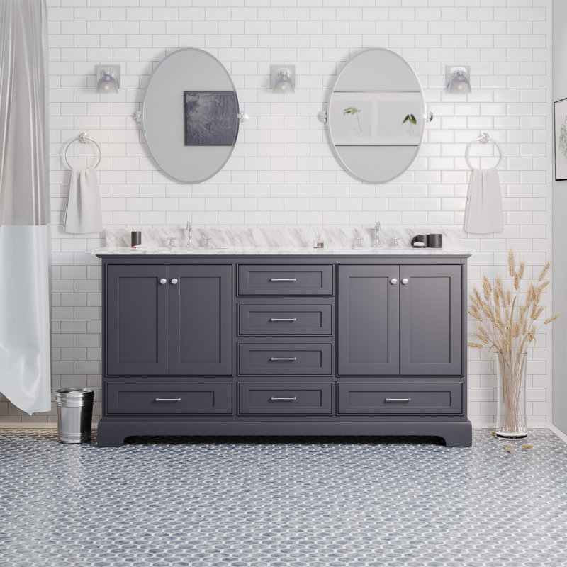 Ensemble de meuble-lavabo double 72 po Larosa, Gris marine, Marbre de Carrare