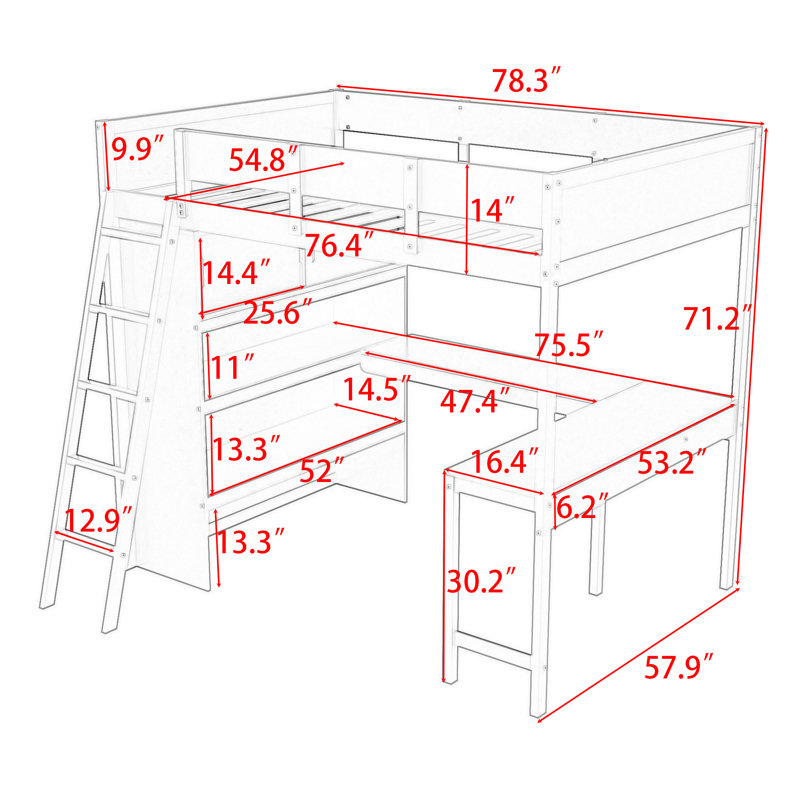  Lit mezzanine double avec bureau et tablettes Julena, gris