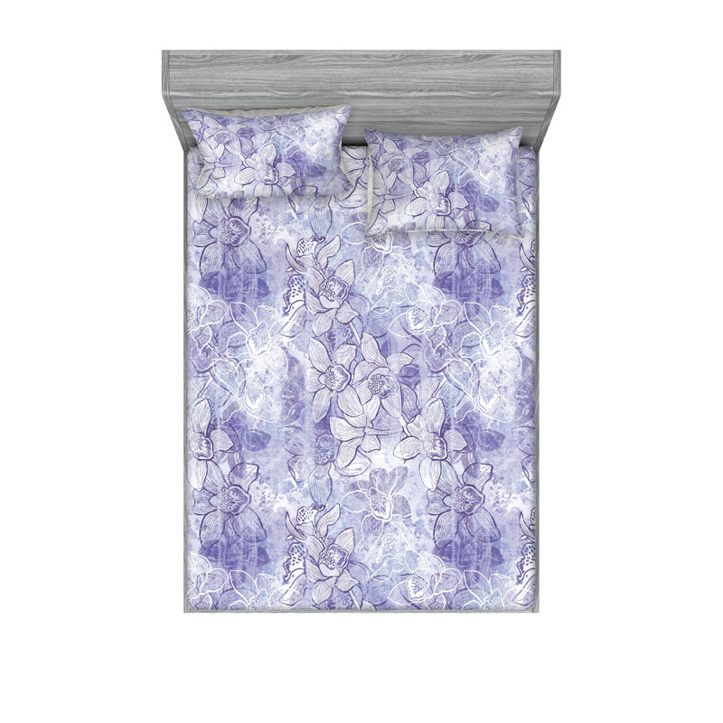 Drap-housse et taies décoratives 3 pièces Ambesonne, Lavande pâle, blanc cassé / floral