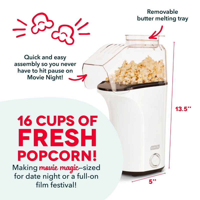 Dash Fresh 16 Cooked Cup Hot Air Popcorn Popper, White