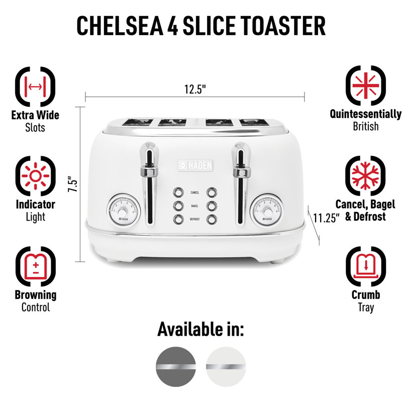 HADEN Chelsea 4 Slice Toaster Wide Slot with Removable Crumb Tray and Control Settings Chrome, Ivory/Chrome