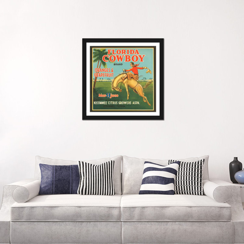 Publicité rétro sur toile «Florida Cowboy Oranges and Grapefruit», 16" H x 16" W x 1" D, Papier d'art encadré noir, Blanc