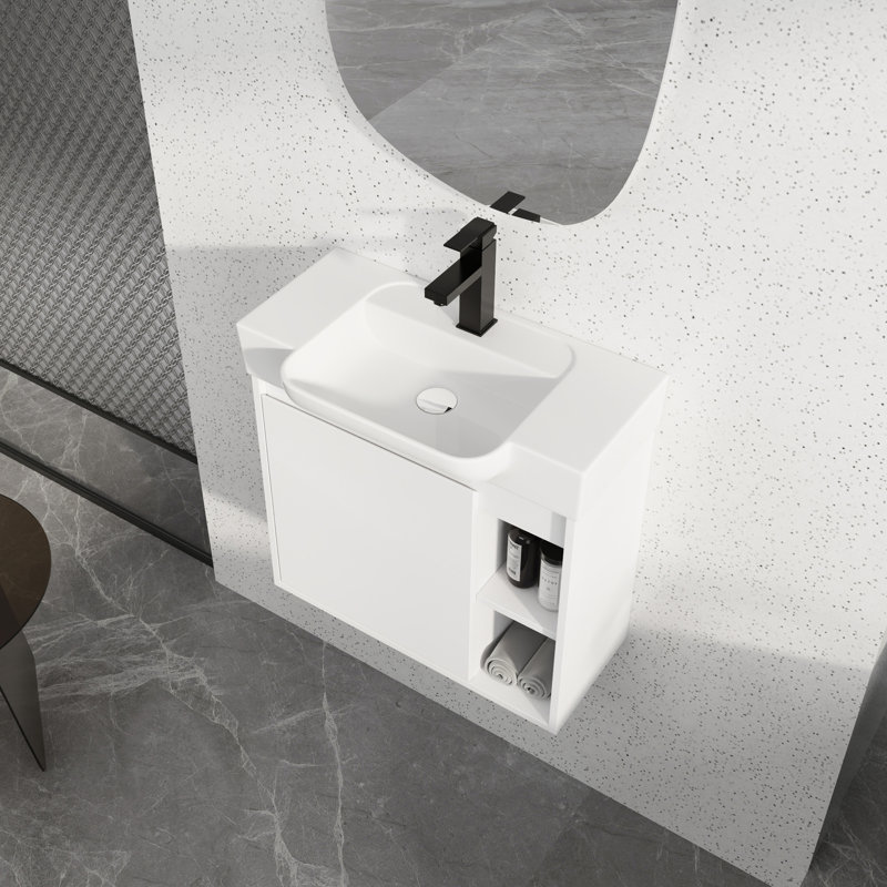 Meuble-lavabo mural avec lavabo en céramique blanche, Blanc lustré