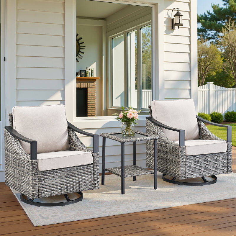 Ensemble de 3 meubles de patio pour l'extérieur, ensemble de 2 chaises pivotantes en rotin toutes saisons avec une table d'appoint élégante, ensemble de conversation pour patio, piscine, balcon, cour