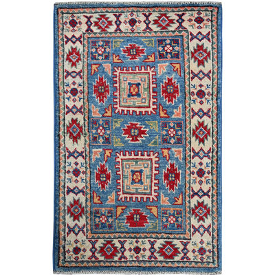 1'10"x3' Dutch Blue, Kazak with Geometric Medallions Design, Vegetable Dyes, Hand Knotted, Soft Wool, Denser Weave, Sample, Mat, Oriental Rug