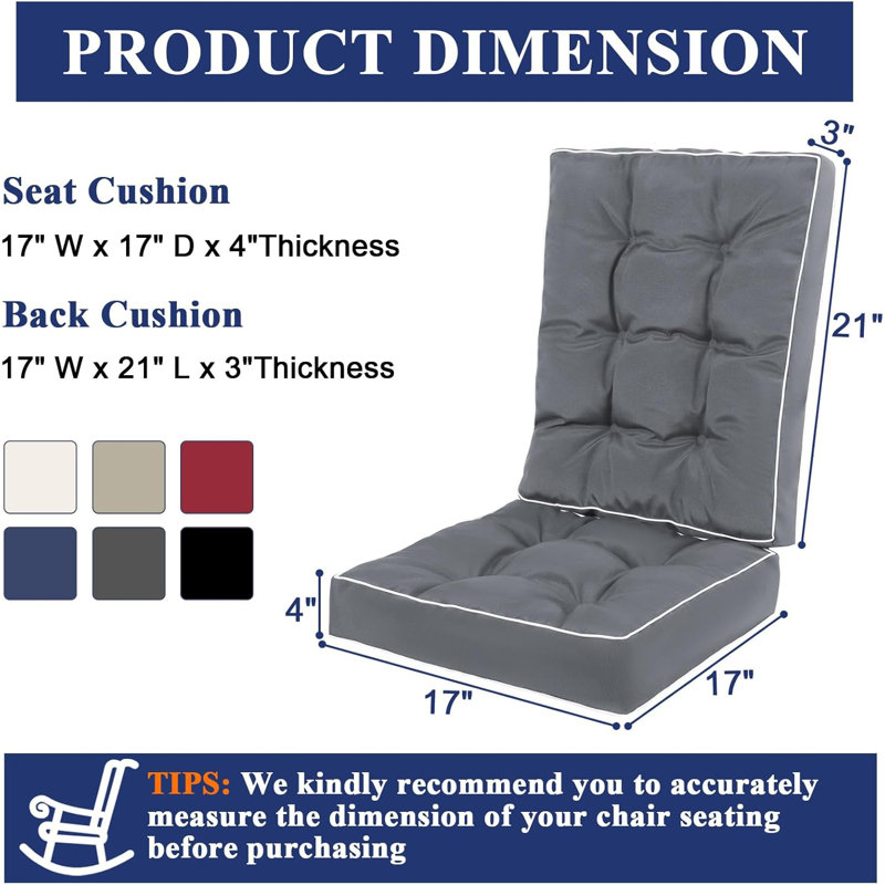 Rocking Chair Cushions, 17" W x 17" D, Gray