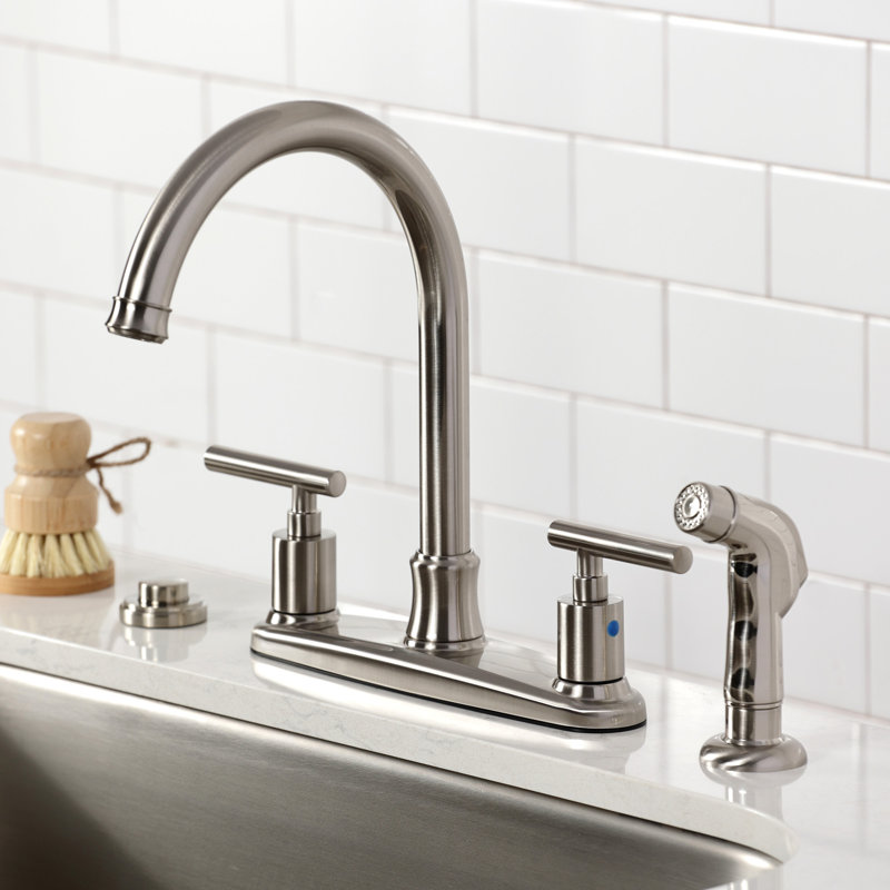 Kingston Brass Manhattan Two-Handle 4-Hole 8" Centerset Kitchen Faucet with Side Sprayer, Brushed Nickel