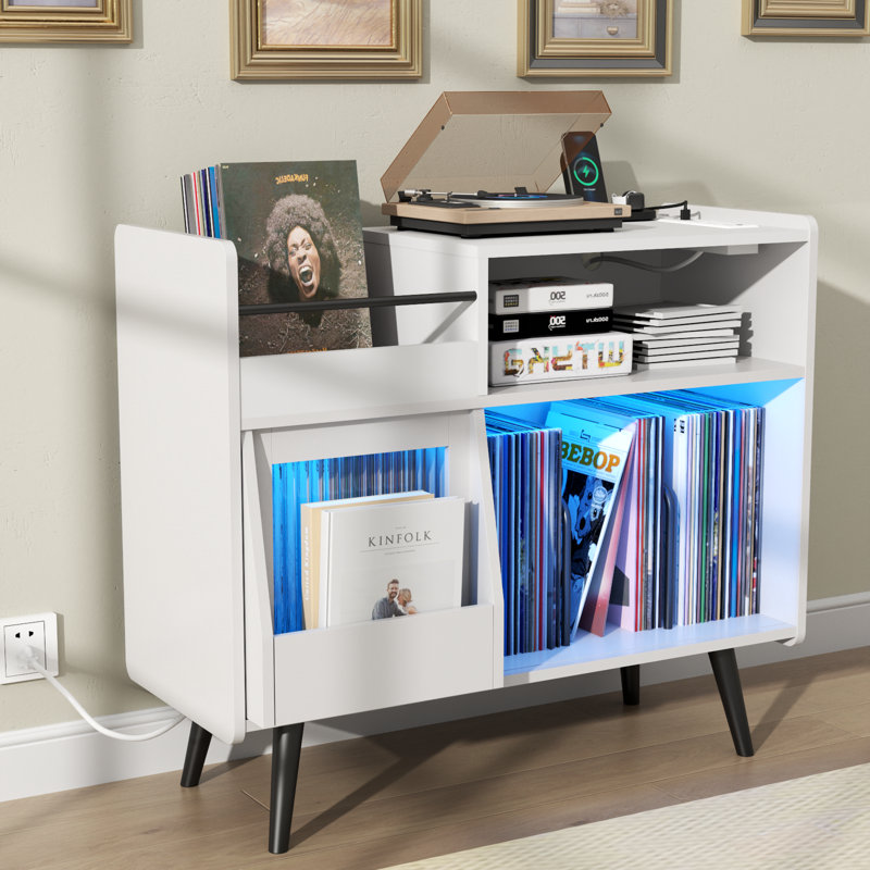 Large Record Player Stand, 350 Vinyl Record Storage Holder with Power Outlet and LED Light, White