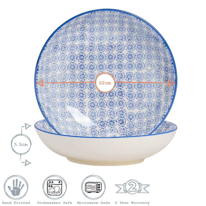 Nicola Spring Hand-Printed Pasta Bowls - 22cm - Navy - Pack of 6