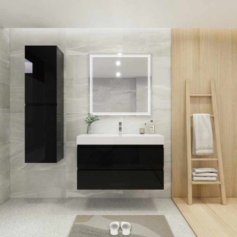 Meuble-lavabo mural simple de 42 po Carnetta, Noir très lustré