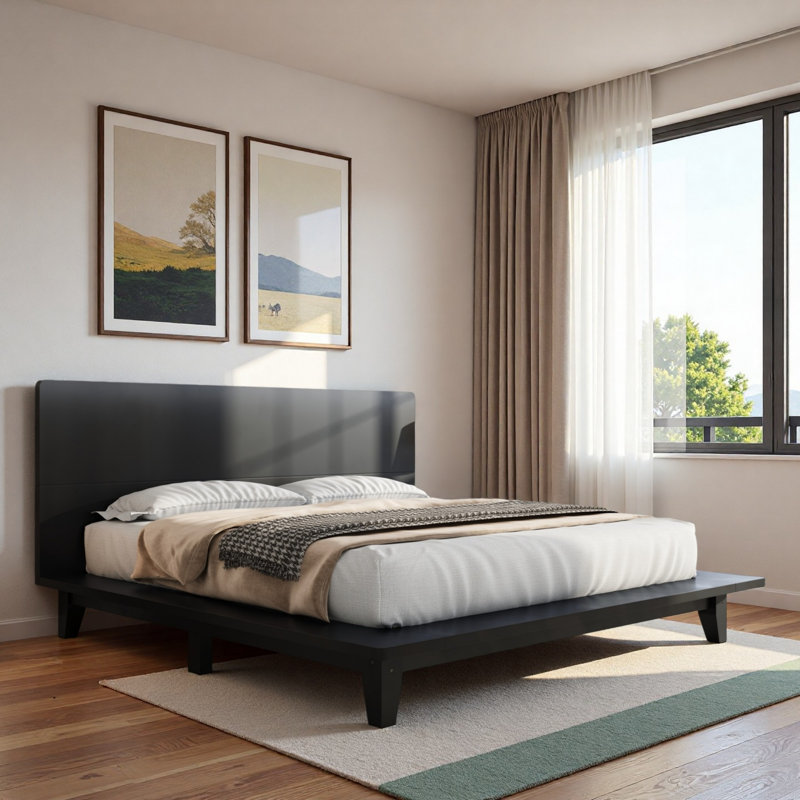 Lit plateforme avec support en lattes de bois et pieds robustes, Noir, Lit double