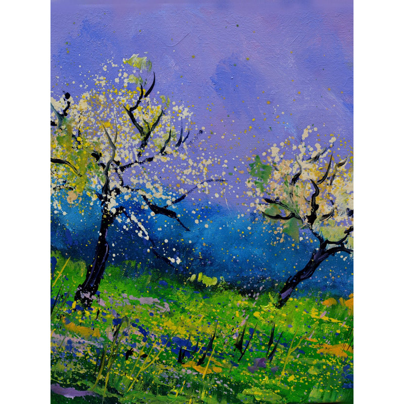Deux arbres au printemps par Pol Ledent - peinture, H 32 po x l 24 po, Toile tendue