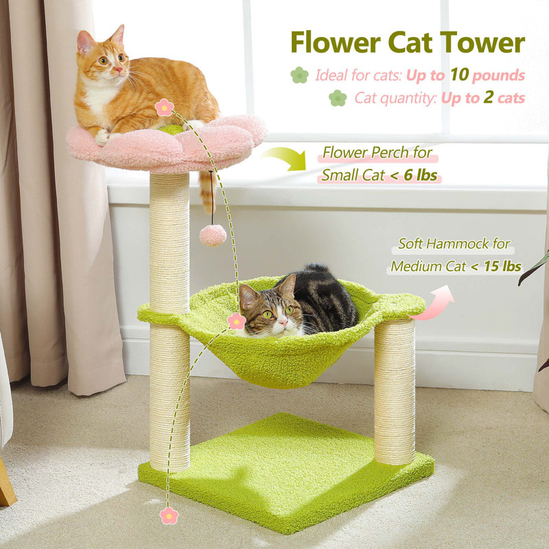 28" Cat Tower With Cozy Flower Perch, Large Hammock With 2 Replaceable Compostable Scoop