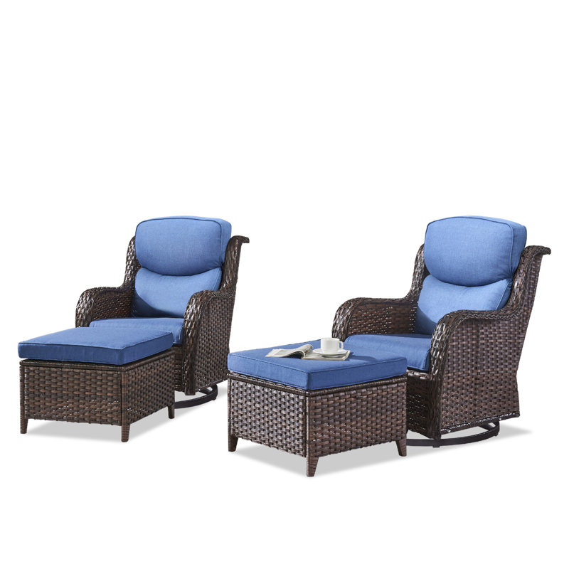 Smile Outdoor Patio PE Wicker 2-Person Seating Group With 5" Thickness Cushions And Ottomans, Blue, Brown
