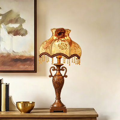 Vintage European Table Lamp With Fabric Lace Shade, Ornate Metal Base, 21" Tall Bedside Lamp, Tassel Design