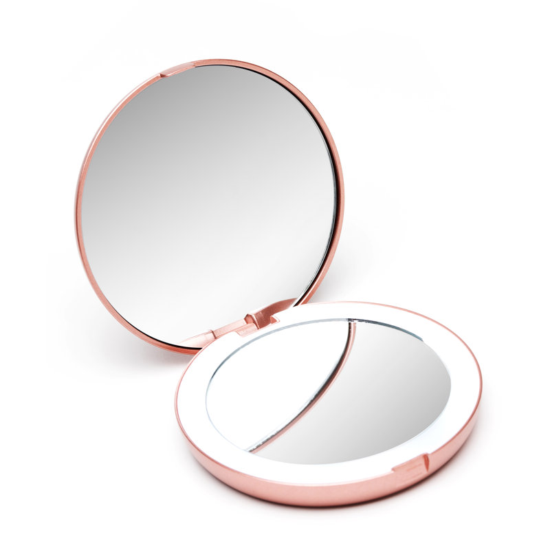 Modern Lighted Magnifying Compact Mirror, 4" x 4", Rose Gold